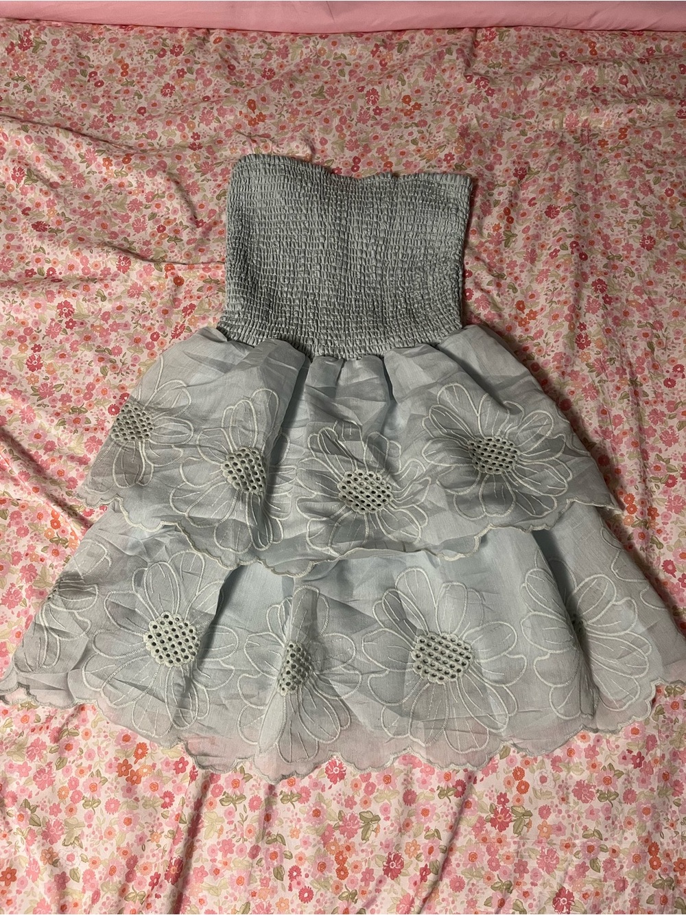 Pastel Blue Strapless Tiered Floral Dress